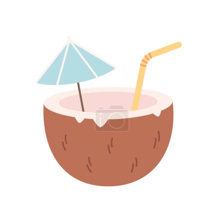 Pina Colada cocktail in coconut shell. Summer vacation, traveling, relaxation. Vector illustration in flat style