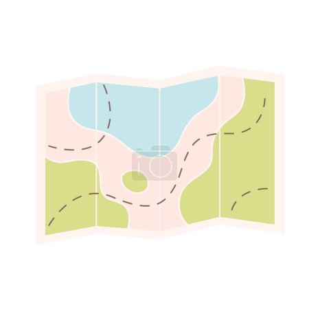 Paper map, expedition adventure and journey. Route and locations marked with pin on paper map. GPS navigator with pointer on place of destination and path. Vector illustration in flat style