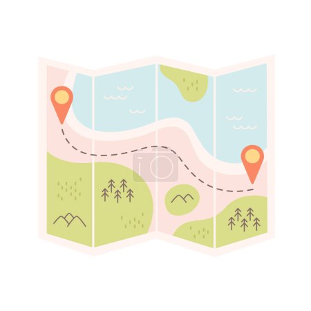 Paper map, expedition adventure and journey. Route and locations marked with pin on paper map. GPS navigator with pointer on place of destination and path. Vector illustration in flat style