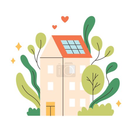Haus mit Solarbatterie Die Pflege von Natur und Umwelt. Rettet den Planeten. Vektorillustration im flachen Stil