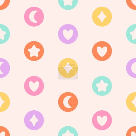 Seamless pattern with geometry shapes of stars, moon, hearts. Print for wallpaper, textile, fabric, wrapping paper. Vector illustration in flat style