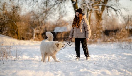 Photo for A girl walks with her beloved pet Samoyed in winter on the shore of a lake in the park. Walking the dog in winter. - Royalty Free Image