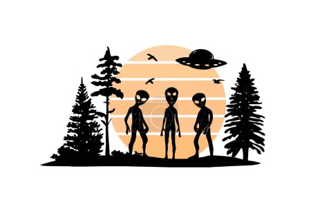 Wsilhouette of ufo and forest vector. three aliens in the forest vector silhouette