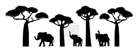 Téléchargez les illustrations : Silhouette d'éléphants et de baobabs ensemble vectoriel - en licence libre de droit