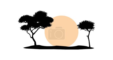 Illustration for Savannah trees and orange sunset vector silhouette - Royalty Free Image