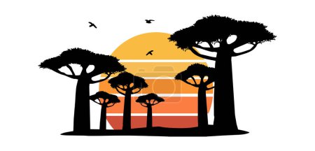Téléchargez les illustrations : Silhouette de paysage africain avec baobabs et vecteur soleil jaune - en licence libre de droit
