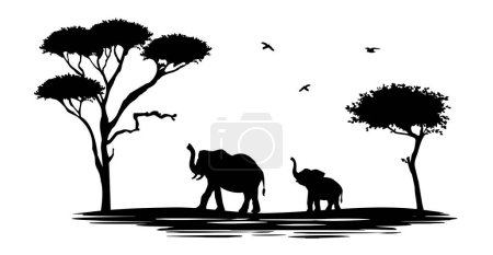 elephants and trees, african river vector silhouette logo