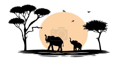 elephants and african trees, yellow sun vector silhouette