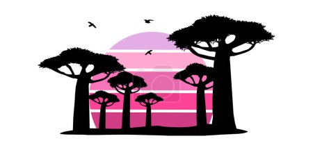 Téléchargez les illustrations : Silhouette de paysage africain avec baobabs et vecteur soleil rose - en licence libre de droit