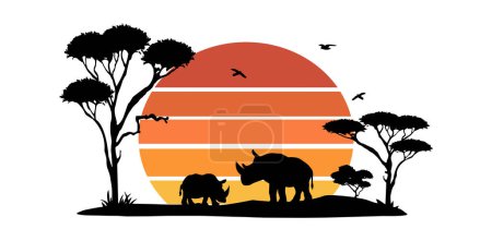 Nashörner und afrikanische Bäume und orangefarbene Sonnenuntergangs-Vektorsilhouette.