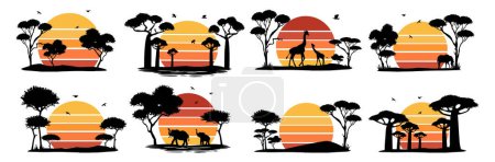 Téléchargez les illustrations : Savane africaine avec animaux et coucher de soleil orange. silhouette safari vecteur paysage - en licence libre de droit