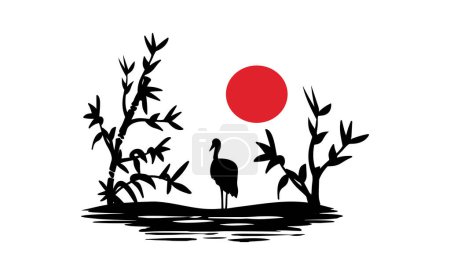 Illustration for Japanese landscape with bamboo and crane and red sun vector silhouette - Royalty Free Image