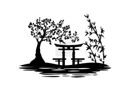 Japon silhouette vectorielle emblématique. torii porte et sakura près de la silhouette de paysage vecteur d'eau