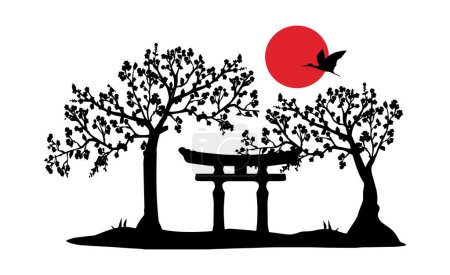 silhouette of japanese garden and torii gate vector