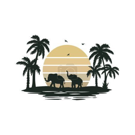 palm trees and african animals elephants vector silhouette. silhouette of summer landscape with palm trees and elephants vector