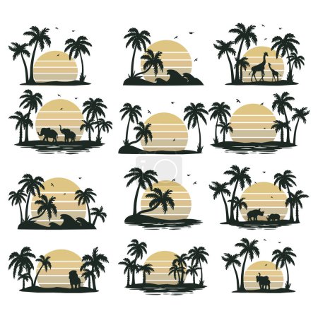 Reihe von Palmenlandschaften mit afrikanischen Tieren Vektorsilhouette. Afrikanisches Landschaftsvektorlogo. Sammlung von Palmenlandschaften Vektorsilhouette