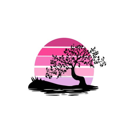 cherry blossom over water vector silhouette/ silhouette of Japanese sakura blossom landscape against pink sunset background vector