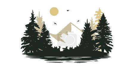 Téléchargez les illustrations : Paysage boisé avec montagnes et silhouette vectorielle du lac. paysage de montagne avec sapins et logo vecteur d'eau - en licence libre de droit