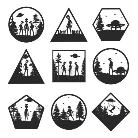 mountain landscape with spaceship kidnapping vector silhouette. silhouette of forest and aliens vector collection. UFO in the forest vector silhouette geometric shapes. ufo forest vector set silhouett