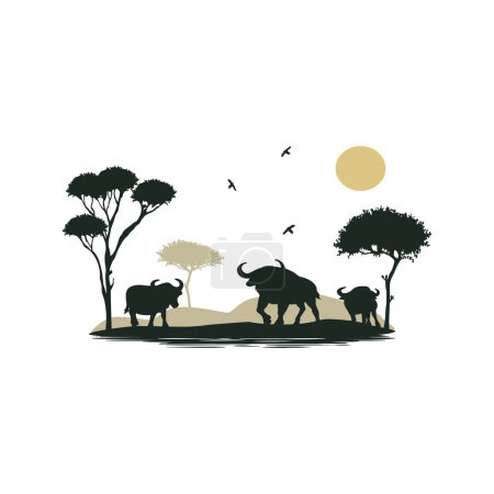 Paisaje africano con silueta vectorial de búfalos. Buffalo, safari fauna africana, silueta vectorial