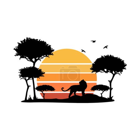 Safarilandschaft mit Leopardenvektorsilhouette. Afrikanische Landschaft mit einem Leoparden vor dem Hintergrund eines orangen Sonnenuntergangs-Vektor-Silhouette-Logos