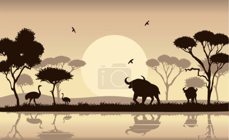 Savanne afrikanische Landschaft mit Büffeln und Straußen Vektorsilhouette. Safari-Vektorsilhouette