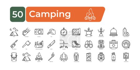 Téléchargez les illustrations : Pack d'icônes camping. Icônes de ligne mince ensemble. icônes vectorielles propres et simples - en licence libre de droit
