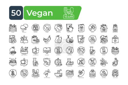 Téléchargez les illustrations : Pack d'icônes végétaliennes. Icônes de ligne mince ensemble. icônes vectorielles propres et simples - en licence libre de droit