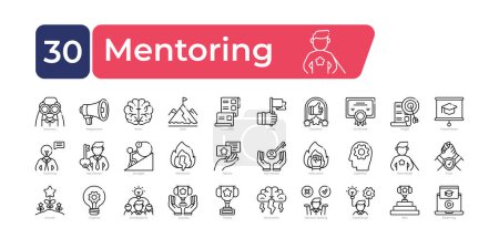 Téléchargez les illustrations : Pack d'icônes de mentorat. Icônes de ligne mince ensemble. icônes vectorielles propres et simples - en licence libre de droit