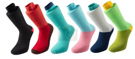 Multicolored socks set in different designs, Knitted knee high socks. High resolution photo isolated on white background.