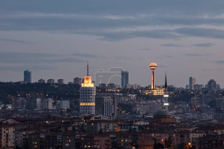 Photo for Ankara Turkey, 14 April 2022; Atakule and Sheraton Ankara View. Ankara Landscape at Sunset. Sheraton Hotel, Atakule and Ankara city night view. - Royalty Free Image