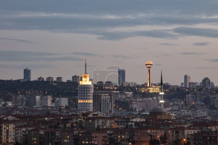 Photo for Ankara Turkey, 14 April 2022; Atakule and Sheraton Ankara View. Ankara Landscape at Sunset. Sheraton Hotel, Atakule and Ankara city night view. - Royalty Free Image