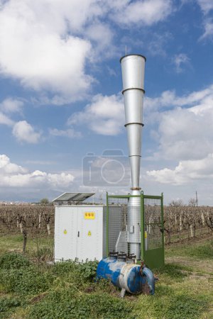 Anti-rocket missile system in the area preventing the spread of hail.  Anti-hail plant for generating a shock wave in a vineyard. Turkey, Manisa, Sarigol.