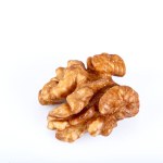 Walnut kernel, Closeup of big shelled walnuts pile. Top view of bunch of nutrient fresh walnuts without shell isolated on white background.