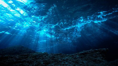 Foto artística submarina de paisaje mágico en rayos de luz solar