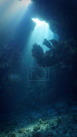 Téléchargez les photos : Photo sous-marine de rayons de soleil à l'intérieur d'une grotte. D'une plongée sous-marine. - en image libre de droit
