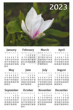 Botanischer Kalender für 2023. Senkrechte Wand Kalender, Woche beginnt Montag.