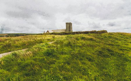 Foto de Pintura de acuarela sobre lienzo. Ilustración de viajes. Hermoso paisaje en North Cornwall. Tintagel Inglaterra. - Imagen libre de derechos