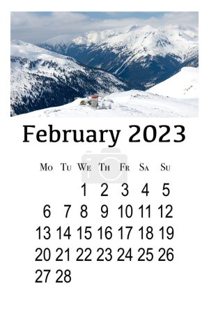 Calendar card for  2023. Printable vertical wall calendar, week starts on Monday. Beautiful winter landscape in the Polish Tatra Mountains.