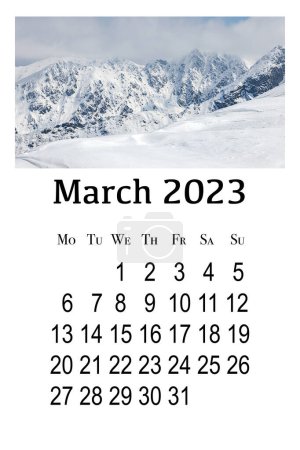 Calendar card for  2023. Printable vertical wall calendar, week starts on Monday. Beautiful winter landscape in the Polish Tatra Mountains.