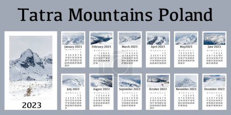 Téléchargez les photos : Calendrier 2023 sur fond blanc pour l'impression. Paysage hivernal dans les montagnes polonaises Tatra. - en image libre de droit