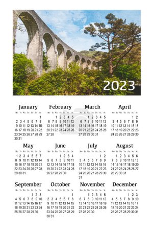 Kalender für 2023 auf weißem Hintergrund zum Ausdrucken. Schottland, Großbritannien.