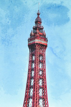 Watercolor painting on canvas. Blackpool England. Travel illustration. 