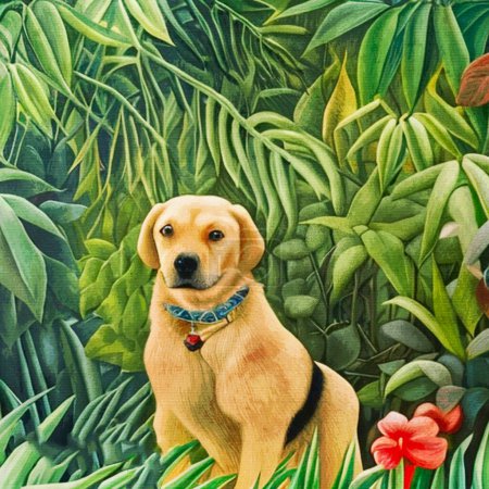 Photo for Watercolor painting on canvas. Printable botanical illustration, fabric pattern, for use in graphics. The Dog in the Illustration. - Royalty Free Image