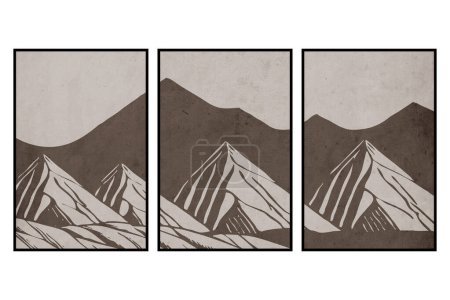 Téléchargez les photos : Set de 3 affiches imprimables minimalistes pour les décorations murales. Grunge vintage vieux. Paysage de montagne . - en image libre de droit