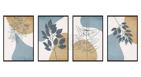 Téléchargez les illustrations : Lot de 4 Art mural botanique. Art linéaire des plantes, dessin avec forme abstraite. Design floral abstrait pour les impressions murales encadrées, les impressions sur toile, les affiches, le décor à la maison. - en licence libre de droit