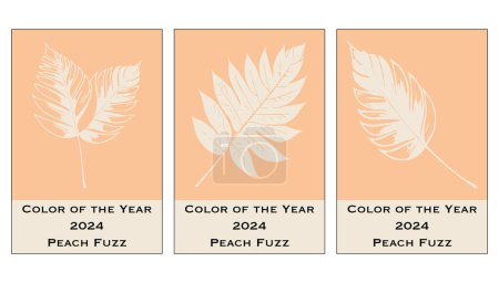 Téléchargez les illustrations : Ensemble de 3 motifs botaniques dans une couleur à la mode de 2024. Peach Fuzz. Conception de couvertures, cartes de visite, pour l'impression sur des décorations murales minimalistes. - en licence libre de droit