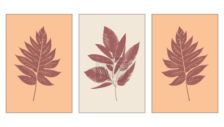 Ilustración de Conjunto de 3 Patrón botánico en un color de moda de 2024. Melocotón pelusa. Diseño para cubiertas, tarjetas de visita, para imprimir en decoraciones de pared minimalistas. - Imagen libre de derechos