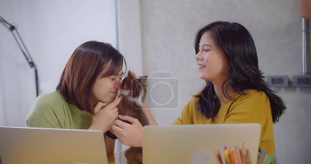 Téléchargez les photos : Deux femmes profitent d'une pause de travail avec un Chihuahua, l'une embrassant doucement le chien tandis que l'autre sourit au bureau de l'espace de travail à domicile - en image libre de droit