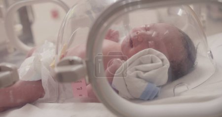 Kleinkind in Großaufnahme im Brutkasten für Neugeborene, Neugeborenes mit Atemproblemen nach der Geburt, Neugeborenes auf der NICU, Intensivstation für Neugeborene, Gesundheitswesen